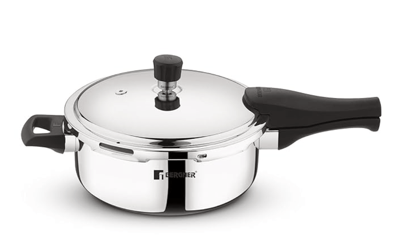 Bergner Tri-Max Junior TriPly 3 Litres Pressure Pan, Triply Heavy Bottom Outer Lid Pressure Pan, 1 Pc Free Safety Valve, Silicone Gasket, Measuring Scale Inside - Induction Bottom and Gas Stove Ready-1
