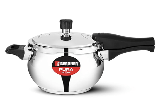 बर्गनर पुरा स्टेनलेस स्टील प्रेशर कुकर बाहरी ढक्कन के साथ, 2.5 लीटर, बेली शेप/हांडी कुकर, ट्रिपली बॉटम, इंडक्शन बेस, सिल्वर, गैस रेडी 