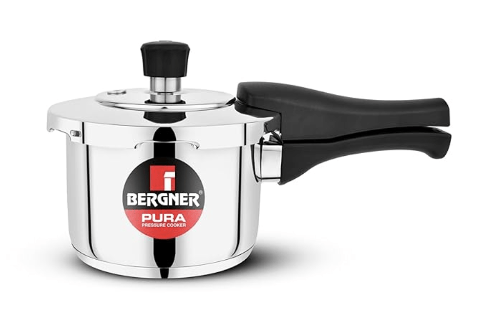 Bergner Pura Stainless Steel 1.5 L Pressure Cooker, Outer Lid Cooker, Triply Bottom, For Healthy Cooking, Mirror Finish, Easy To Clean, Induction Bottom and Gas Ready - Silver