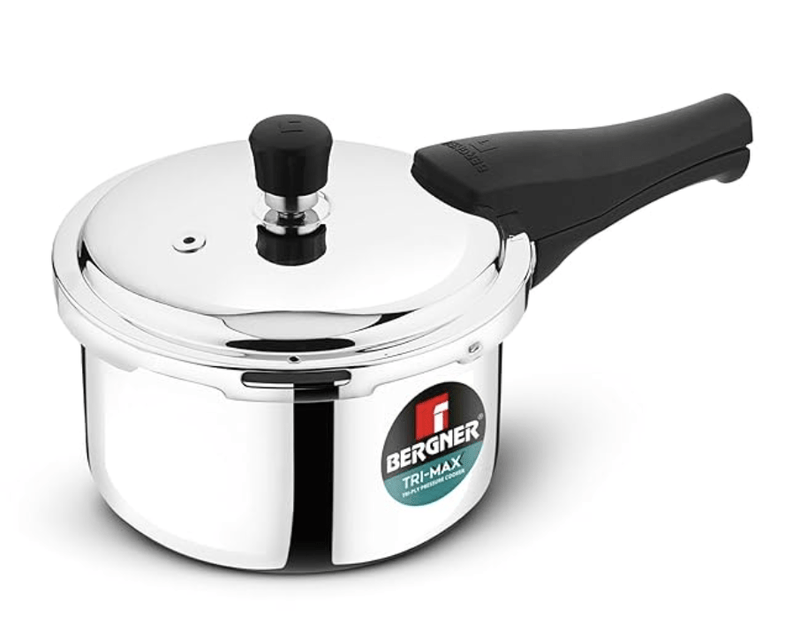 Bergner Trimax Stainless Steel 1.5L Outer Lid Pressure Cooker | Silver Steel Cooker | Durable Triply Construction | Easy Locking | Silicone Gasket | Induction & Gas Ready-1