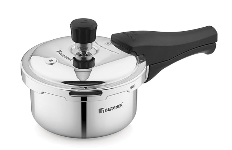 Bergner Tri-Max Junior TriPly 1 Litre Pressure Cooker, Triply Heavy Bottom Outer Lid Mini Pressure Cooker, 1 Pc Free Safety Valve, Measuring Scale Inside - Induction Bottom and Gas Stove Ready-1