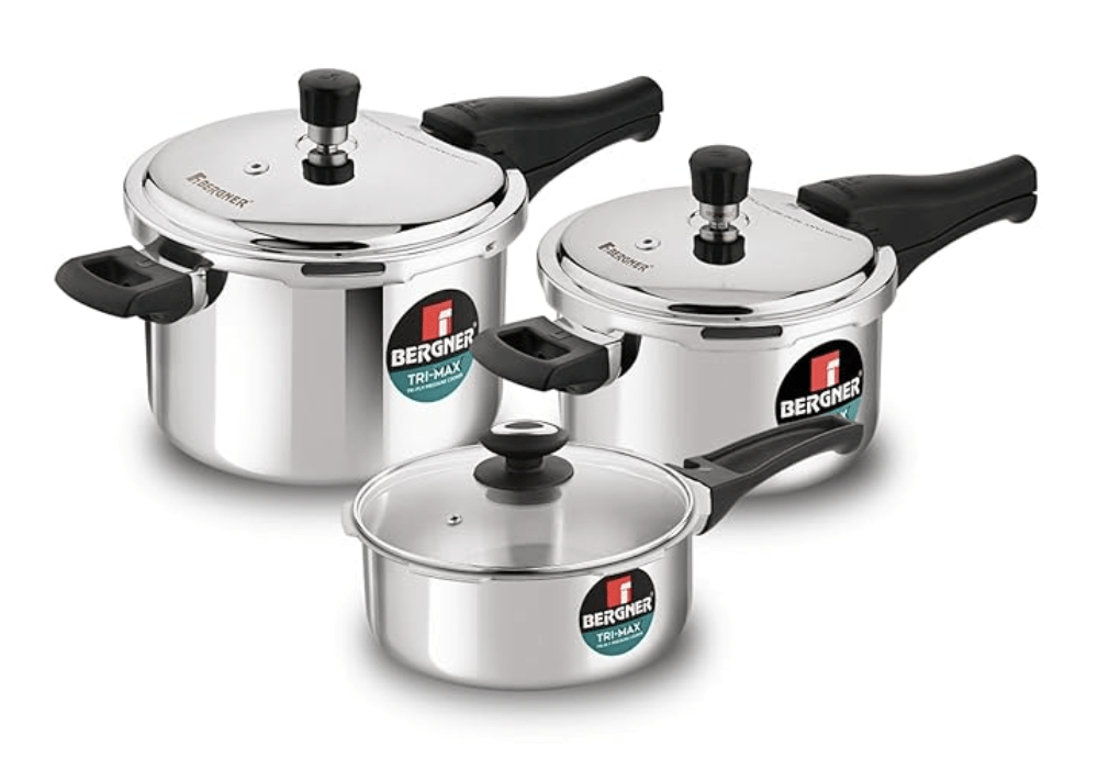 Bergner Trimax Triply Stainless Steel Outer Lid Pressure Cooker Multi Combo - 5 L Cooker, 3 L Pressure Pan, 2 L Cooker with Glass Lid, Less Oil Use, Healthy Cooking - Induction Bottom, Gas Stove Ready