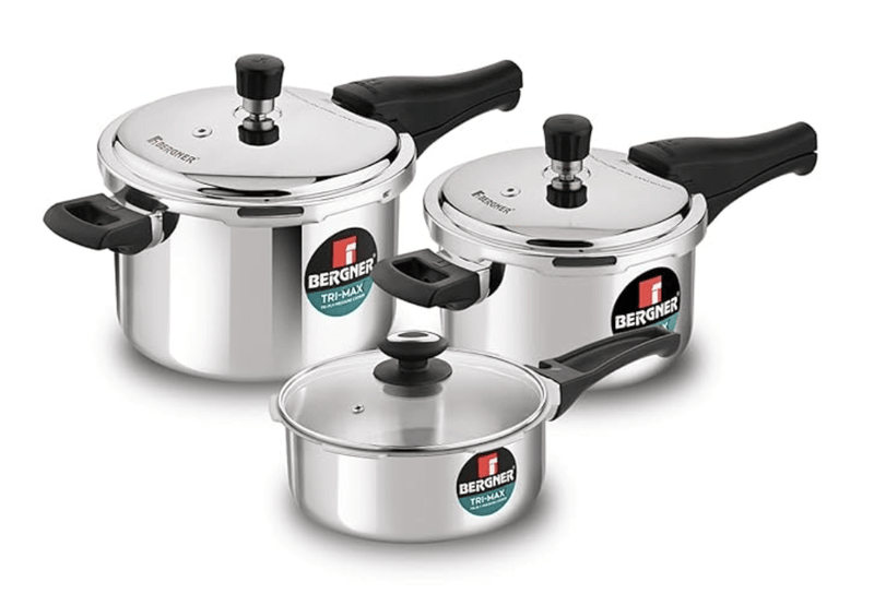Bergner Trimax Triply Stainless Steel Outer Lid Pressure Cooker Multi Combo - 5 L Cooker, 3 L Pressure Pan, 2 L Cooker with Glass Lid, Less Oil Use, Healthy Cooking - Induction Bottom, Gas Stove Ready-1