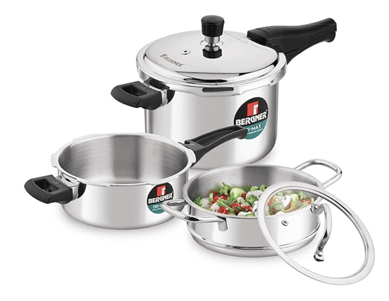 Bergner Tri-Max TriPly Multi Combo of 5L TriPly Pressure Cooker + 3L Pressuer Pan with Common Lid and 20cm Steamer with Flat Glass Lid, Durable, Ergonomic Handle, Induction Bottom and Gas Stove Ready-1