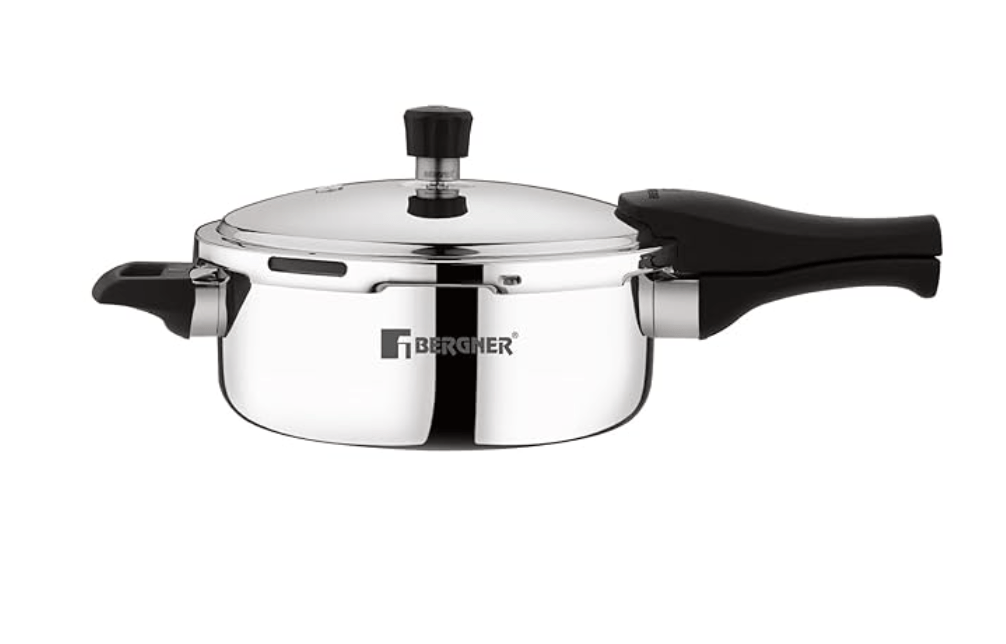 BERGNER Trimax Stainless Steel 3.5 Liters Outer Lid Pressure Pan Silver Steel Cooker Triply Construction Easy Locking Silicone Gasket Easy To Clean Induction And Gas Ready 5-Year Warranty