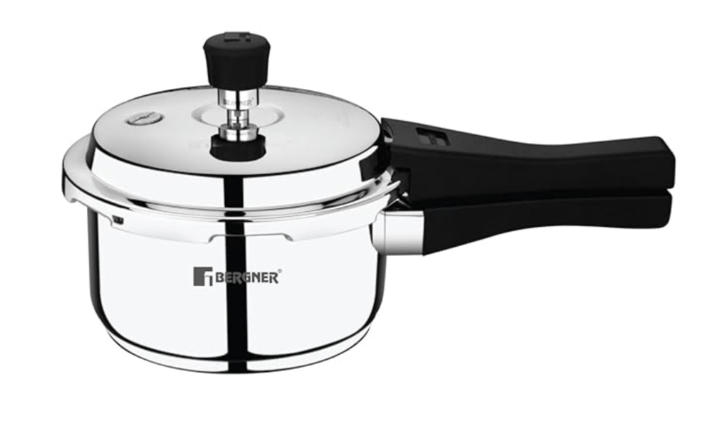 Bergner Sorrento Stainless Steel 2 Litres Outer Lid Pressure Cooker, 2 L Cooker with Outer Lid and Triply Base, Heavy Bottom, Easy Open and Close, Healthy Cooking, Induction Bottom and Gas Stove Ready