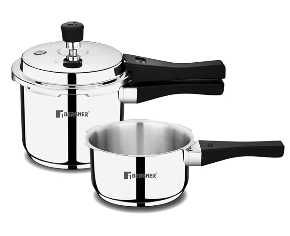 बर्गनर सोरेंटो स्टेनलेस स्टील आउटर लिड प्रेशर कुकर कॉम्बो - 2 लीटर और 3 लीटर कुकर, ट्रिपल बेस, भारी तली, आसानी से खुलने और बंद होने वाला, स्वास्थ्यवर्धक खाना पकाने वाला - इंडक्शन बॉटम और गैस स्टोव रेडी 