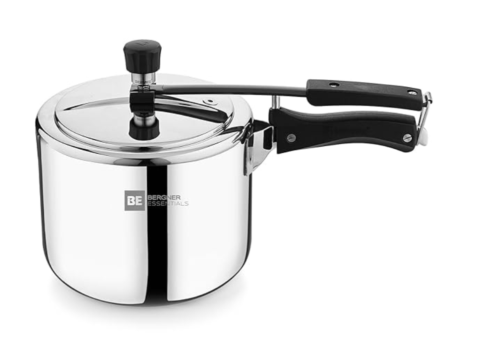 Bergner Argent TriPly 18/8 Stainless Steel 2.5 Liters Inner Lid Pressure Cooker, Pressure Cooker with Rivetless Technology, 2.5 mm Body Thickness, Induction Bottom and Gas Ready - Silver