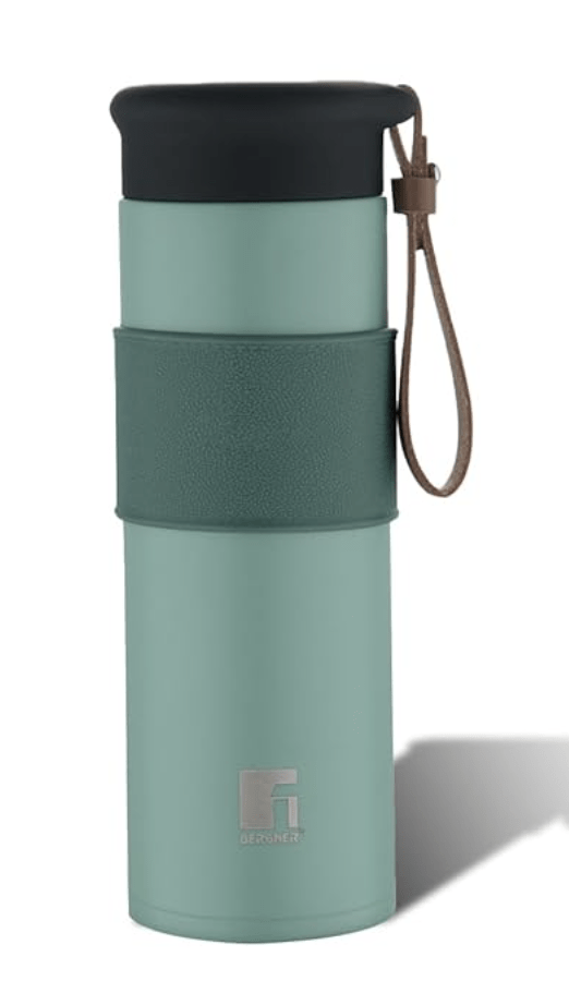 Bergner Walking 450 ml Thermo Steel Bottle/Flask, Hot/Cold, Vacuum Insulated, For Water/Coffee/Tea/Soup/Juice, Use in Office/Commute/Sports/Travel, Wide Mouth Insulated Lid with Mesh, Mineral Green, Rust/Leak Proof