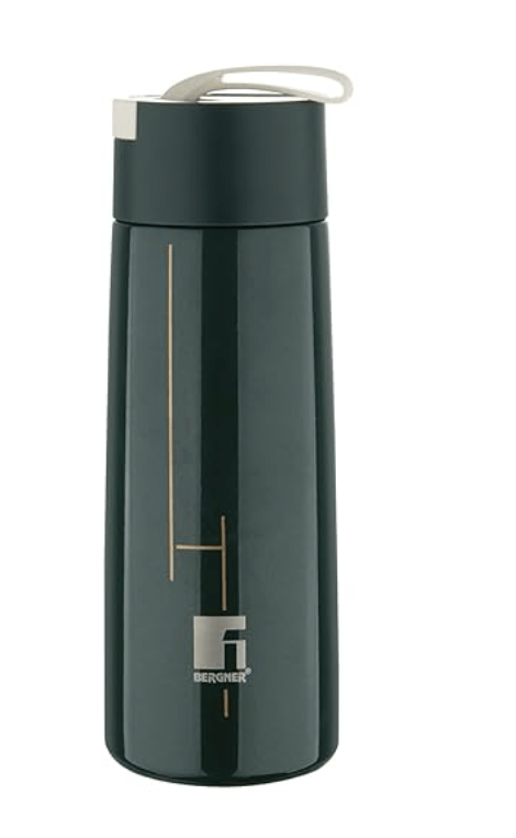 Bergner Walking 350 ml Thermo Steel Bottle/Flask, Hot/Cold, Vacuum Insulated, For Water/Coffee/Tea/Soup/Juice, Use in Office/Commute/Sports/Travel, Mesh Inside, Wide Mouth Insulated Lid, Grab Handle, Metallic Evergreen, Rust/Leak Proof