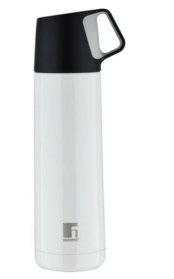 Bergner Walking 500 ml Thermo Steel Bottle/Flask, Hot/Cold, Vacuum Insulated, For Water/Coffee/Tea/Soup/Juice, Use in Office/Commute/Sports/Travel, Press Button Lid with Cup, Pearl/White, Rust/Leak Proof