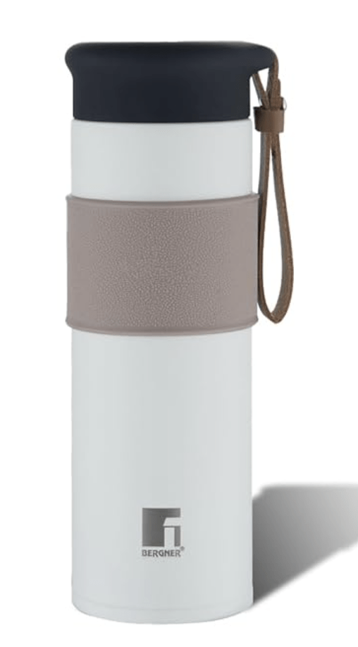 Bergner Walking Mountain Mist Thermosteel Hot and Cold 450ml Flask, Double Walled Bottle with Carrying Handle, Leakproof & Rustproof, Durable, Easy to Carry, Bottles for Office, Gym, College - White