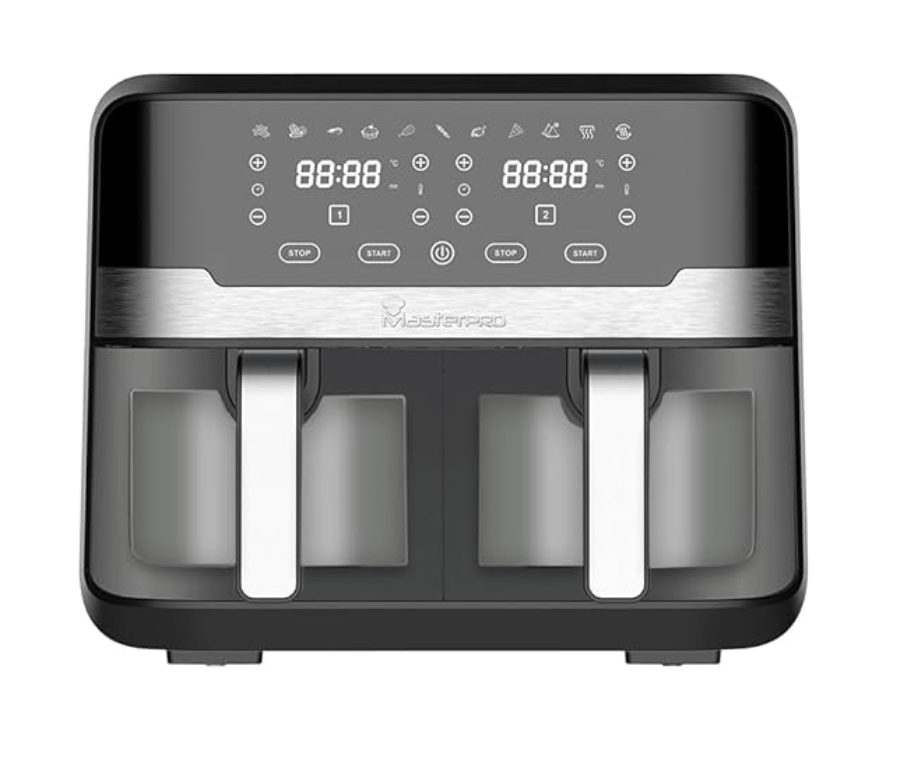 Bergner MasterPro Air Fryer, 2400 W, 9L with Dual Transparent NonStick Buckets, 360 Degree Airflow Technology, Air Fry/Bake/Dehydrate/Bake/Heat/Defrost, Multi Mode Touch Screen with Custom Programs, Black