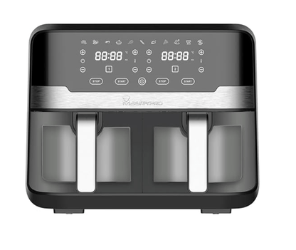 Bergner MasterPro Air Fryer, 2400 W, 9L with Dual Transparent NonStick Buckets, 360 Degree Airflow Technology, Air Fry/Bake/Dehydrate/Bake/Heat/Defrost, Multi Mode Touch Screen with Custom Programs, Black