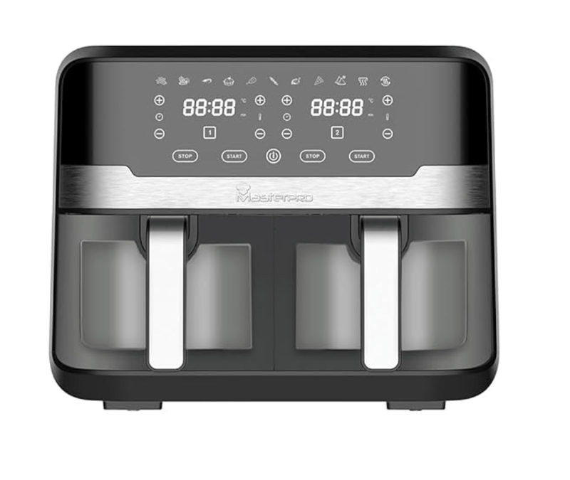 Bergner MasterPro Air Fryer, 2400 W, 9L with Dual Transparent NonStick Buckets, 360 Degree Airflow Technology, Air Fry/Bake/Dehydrate/Bake/Heat/Defrost, Multi Mode Touch Screen with Custom Programs, Black-1