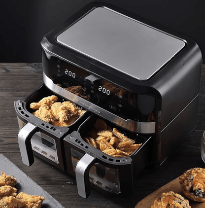 Bergner MasterPro Air Fryer, 2400 W, 9L with Dual Transparent NonStick Buckets, 360 Degree Airflow Technology, Air Fry/Bake/Dehydrate/Bake/Heat/Defrost, Multi Mode Touch Screen with Custom Programs, Black