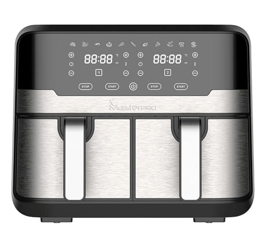 Bergner Master Pro Multifunctional Dual Air Fryer - Air Fry, Bake, Grill, Roast, Heat, Defrost, 4.5 Liters, 1700 W, LED Display With Touchscreen, 11 Customizable Programs With Accessories - Silver