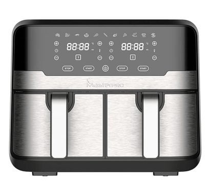 Bergner Master Pro Multifunctional Dual Air Fryer - Air Fry, Bake, Grill, Roast, Heat, Defrost, 4.5 Liters, 1700 W, LED Display With Touchscreen, 11 Customizable Programs With Accessories - Silver