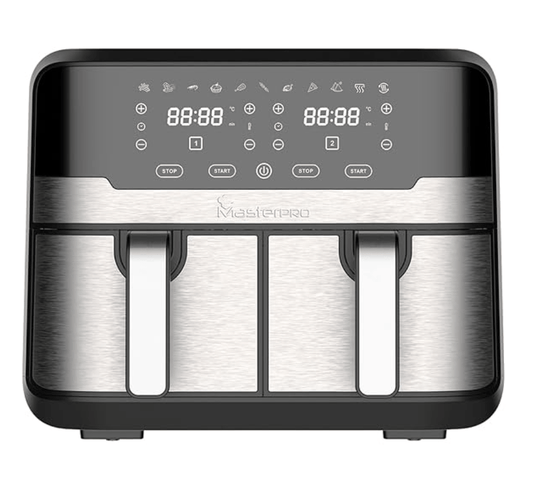 बर्गनर मास्टर प्रो मल्टीफंक्शनल डुअल एयर फ्रायर - एयर फ्राई, बेक, ग्रिल, रोस्ट, हीट, डिफ्रॉस्ट, 4.5 लीटर, 1700 वाट, टचस्क्रीन के साथ एलईडी डिस्प्ले, 11 कस्टमाइज़ेबल प्रोग्राम और एक्सेसरीज़ - सिल्वर 