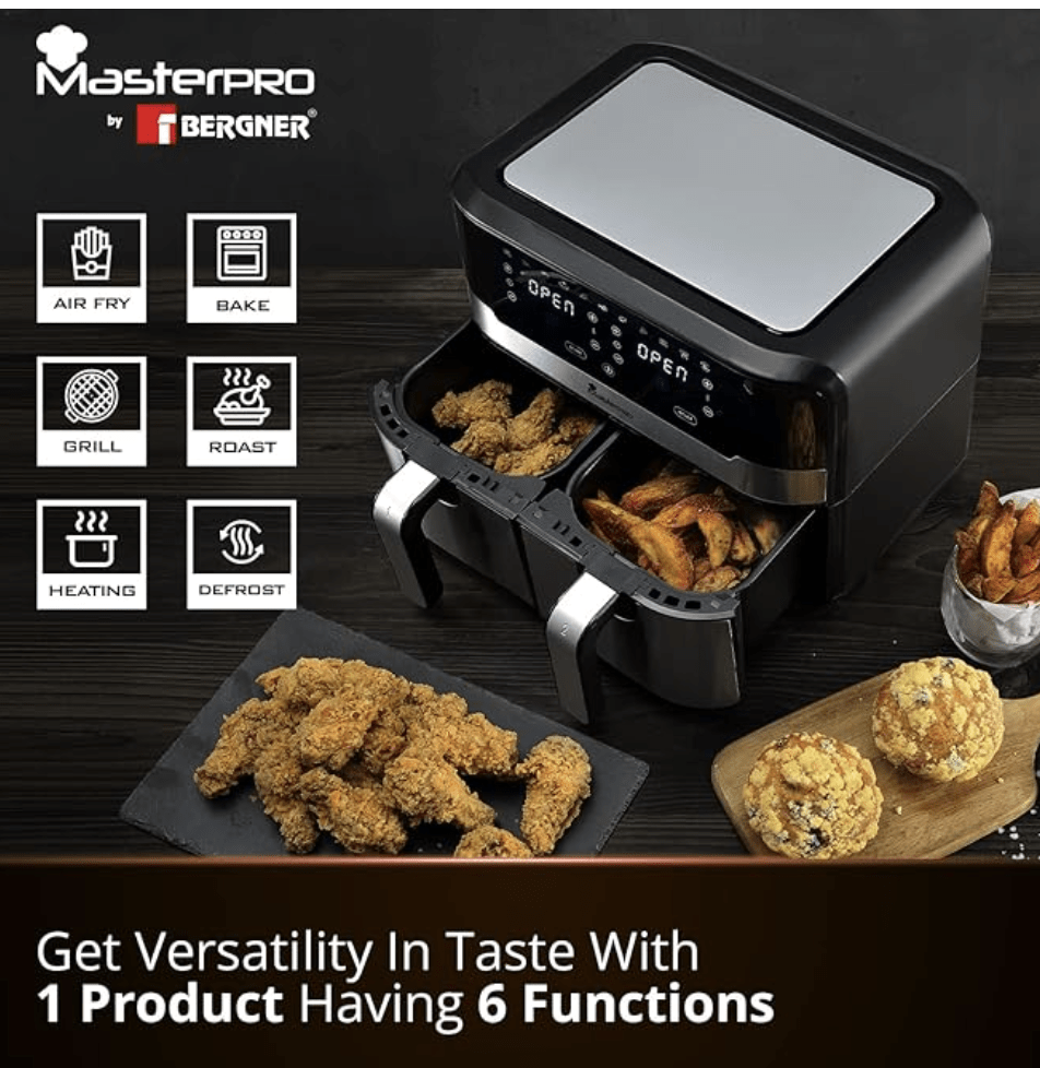 Bergner Master Pro Multifunctional Dual Air Fryer - Air Fry, Bake, Grill, Roast, Heat, Defrost, 4.5 Liters, 1700 W, LED Display With Touchscreen, 11 Customizable Programs With Accessories - Silver