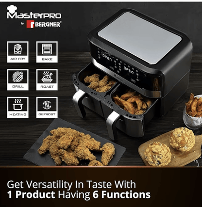 Bergner Master Pro Multifunctional Dual Air Fryer - Air Fry, Bake, Grill, Roast, Heat, Defrost, 4.5 Liters, 1700 W, LED Display With Touchscreen, 11 Customizable Programs With Accessories - Silver