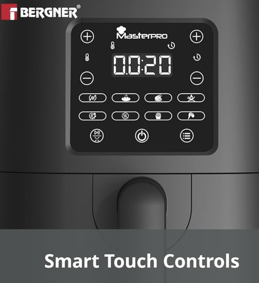 Bergner Masterpro Air Fryer with 1500 Watts, 4 Ltr Capacity, Air Fryer for Home to Bake/Grill/Roast/Heating/Defrost, 360 Degree Airflow Technology, 8 Preset Cooking Menu, Basket With Nonstick Coating