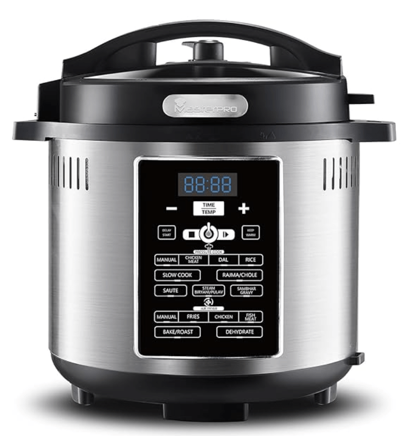 Bergner MasterPro Frycook, 1500W, 6L Pressure Cooker+Air Fryer, Easy to Set Cook Time, Temperature and Pressure Level, Detachable LID and Filer, 12-Level Safety System, 24 Hours Set Up Preset Function