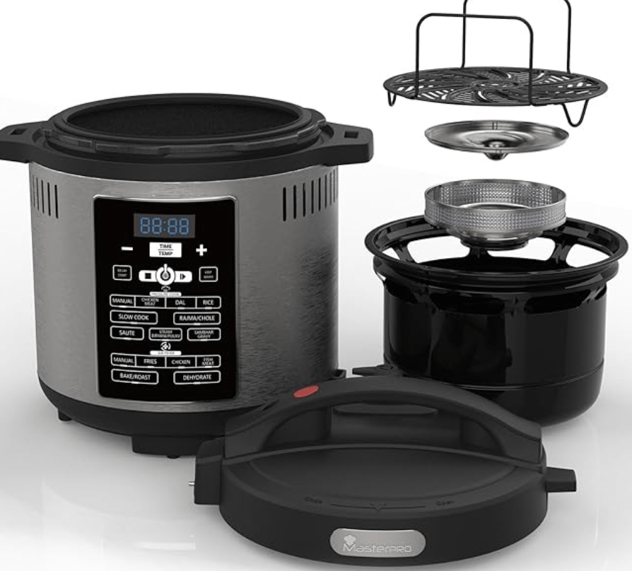 Bergner MasterPro Frycook, 1500W, 6L Pressure Cooker+Air Fryer, Easy to Set Cook Time, Temperature and Pressure Level, Detachable LID and Filer, 12-Level Safety System, 24 Hours Set Up Preset Function