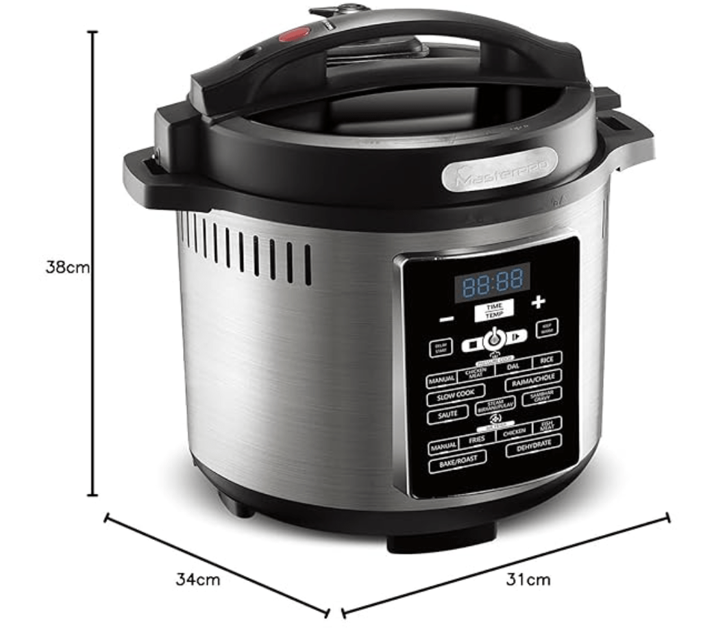 Bergner MasterPro Frycook, 1500W, 6L Pressure Cooker+Air Fryer, Easy to Set Cook Time, Temperature and Pressure Level, Detachable LID and Filer, 12-Level Safety System, 24 Hours Set Up Preset Function