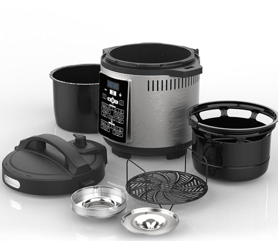 Bergner MasterPro Frycook, 1500W, 6L Pressure Cooker+Air Fryer, Easy to Set Cook Time, Temperature and Pressure Level, Detachable LID and Filer, 12-Level Safety System, 24 Hours Set Up Preset Function