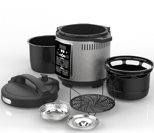 बर्गनर मास्टरप्रो फ्राईकुक, 1500W, 6L प्रेशर कुकर+एयर फ्रायर, पकाने का समय, तापमान और दबाव स्तर सेट करने में आसान, अलग करने योग्य ढक्कन और फ़िल्टर, 12-स्तरीय सुरक्षा प्रणाली, 24 घंटे सेट अप प्रीसेट फ़ंक्शन 