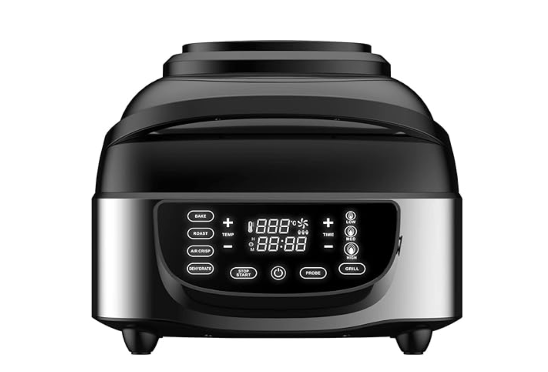 BERGNER Masterpro Indoor Electric Smokeless Grill,7 liter,1800 Watt,Digital Led Display And Multi Touch Panel,5 In 1 Function Grill,Bake,Roast,Dehydrate,Air Fry With Cyclonic Air Technology,Silver