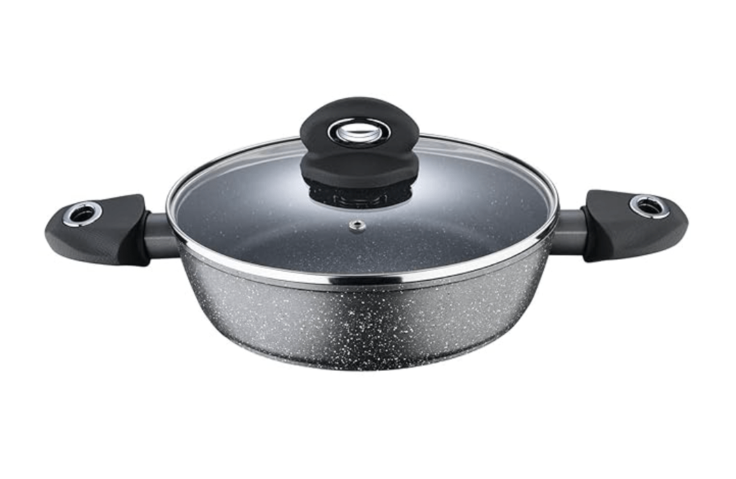 Bergner Orion NonStick 24 cm Shallow Kadai, Glass Lid, 2.3 L Capacity, 100% Recyclable, for Braising/Sautéing/Simmering, Textured Soft Touch Handles, Granite Finish, Induction & Gas Ready