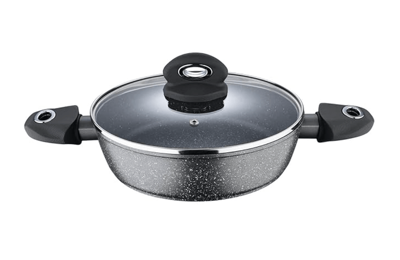 Bergner Orion NonStick 24 cm Shallow Kadai, Glass Lid, 2.3 L Capacity, 100% Recyclable, for Braising/Sautéing/Simmering, Textured Soft Touch Handles, Granite Finish, Induction & Gas Ready-1