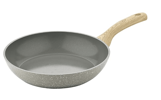 बर्गनर प्राकृतिक रूप से सिरेमिक फोर्ज्ड एल्युमीनियम 24 सेमी फ्राईपैन लकड़ी के सॉफ्ट टच हैंडल के साथ, अंदर ग्रे सिरेमिक कोटिंग, बाहर मार्बल डॉट्स फिनिश, टिकाऊ, समान ताप वितरण - इंडक्शन बॉटम 