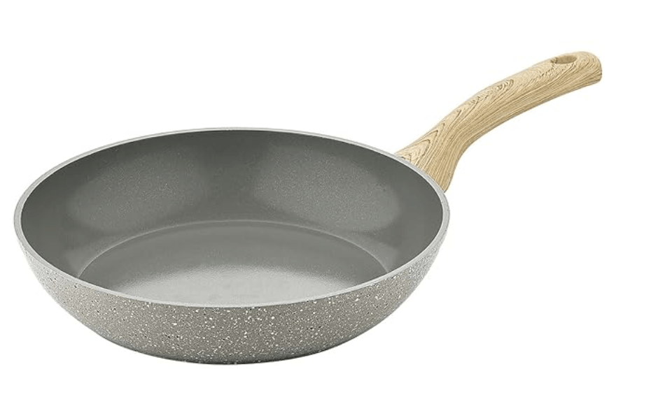 बर्गनर प्राकृतिक रूप से सिरेमिक फोर्ज्ड एल्युमीनियम 20 सेमी फ्राईपैन लकड़ी के सॉफ्ट टच हैंडल के साथ, अंदर ग्रे सिरेमिक कोटिंग, बाहर मार्बल डॉट्स फिनिश, टिकाऊ, समान ताप वितरण - इंडक्शन बॉटम 