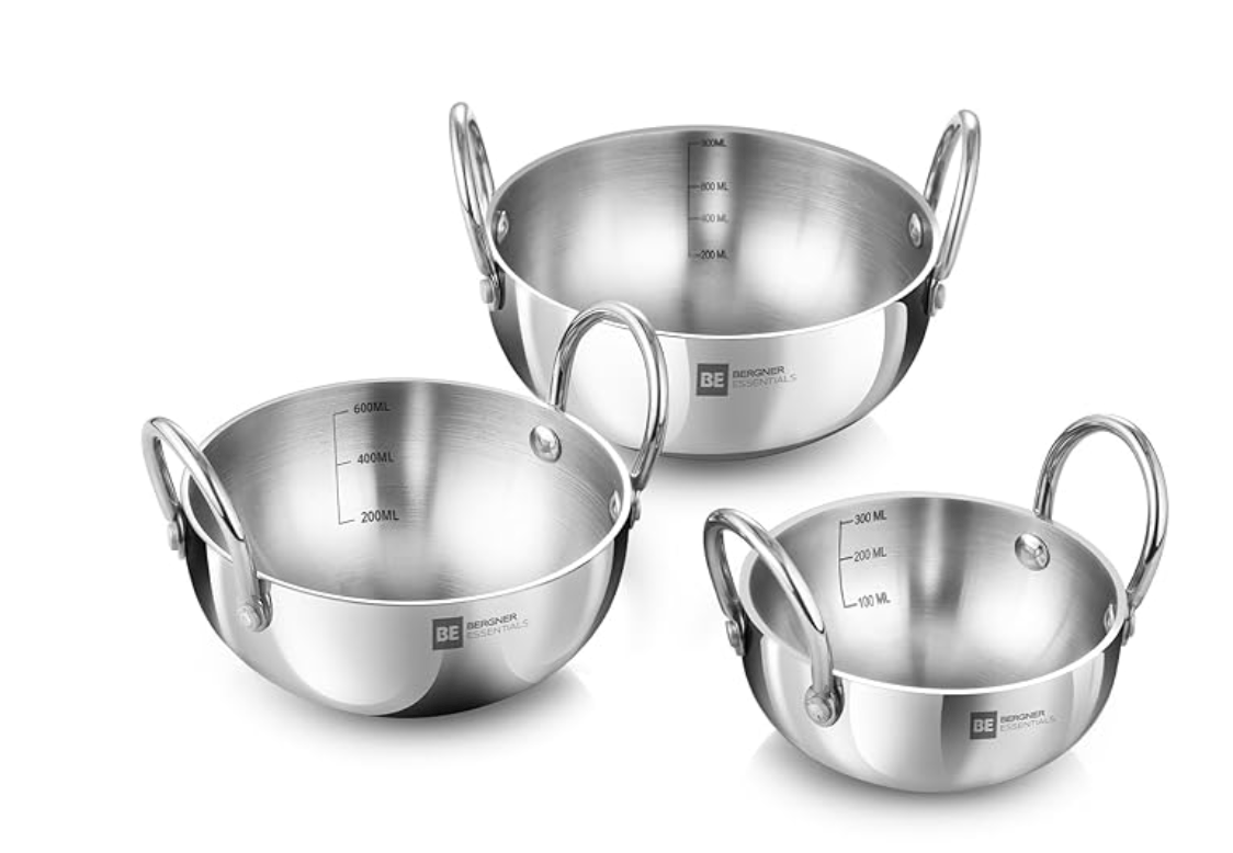 BERGNER BE Essentials Tri-Ply Stainless Steel Junior Kadai Set of 3 Pcs, Sizes 10 cm/0.5 L, 12 cm/0.6 L, 14 cm/ 0.8 L, 3 Pcs Mini Kadhai Set, Gas Stove Compatible, Silver, 5-Year Warranty