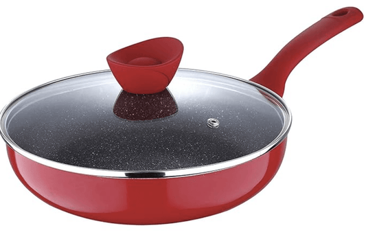 बर्गनर बेलिनी प्लस 5 लेयर मार्बल नॉन-स्टिक फ्राईपैन/सॉटपैन ग्लास लिड के साथ, 26 सेमी, 3.1 लीटर, इंडक्शन बेस, सॉफ्ट टच हैंडल, खाद्य-सुरक्षित, मोटाई 3.2 मिमी, लाल 