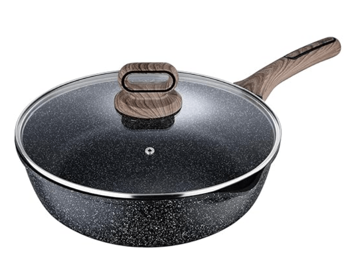 बर्गनर अल्टीमेट कास्ट नॉन-स्टिक 28 सेमी डीप फ्राई पैन/सॉट पैन टेम्पर्ड ग्लास ढक्कन के साथ, 3.2 लीटर क्षमता, डीप फ्राई/टेम्पुरा स्टाइल कुकिंग, वुड फिनिश हैंडल, ग्रेनाइट फिनिश, इंडक्शन और गैस रेडी 
