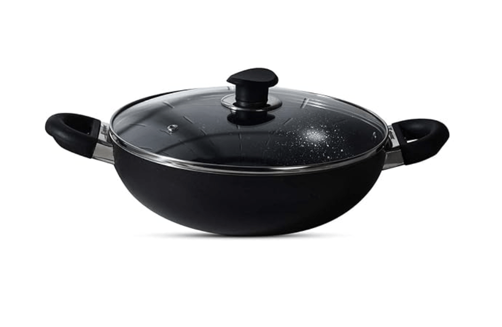 बर्गनर एसेंशियल प्लस 5 लेयर मार्बल नॉन-स्टिक कढ़ाई, ग्लास लिड के साथ, 26 सेमी, 4.5 लीटर, इंडक्शन बेस, फ़ूड सेफ (PFOA मुक्त), मोटाई 2.8 मिमी, काला 