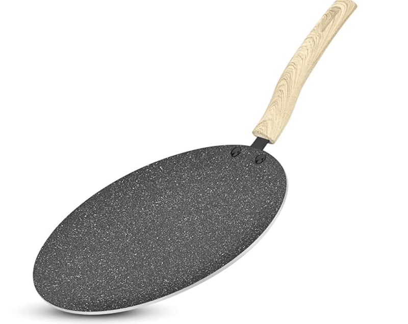 BERGNER Earth Black Non-Stick 26 cm Concave Tawa, Wooden Finish Soft Touch Handle, 3mm Thickness, Consumes Less Oil, Even Heat Distribution, White Marble Splatter, Induction Bottom and Gas Ready-1
