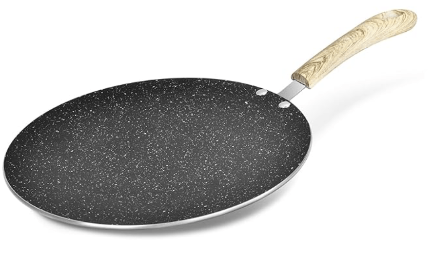 Bergner Bellini Plus Aura 5-Layer Non-Stick 25 cm Roti Tawa, Concave Tawa with Soft Touch Wooden Finish Handle, Food Safe, PFOA Free, Durable, 4mm Thickness, 1-Year Warranty by Bergner, Black