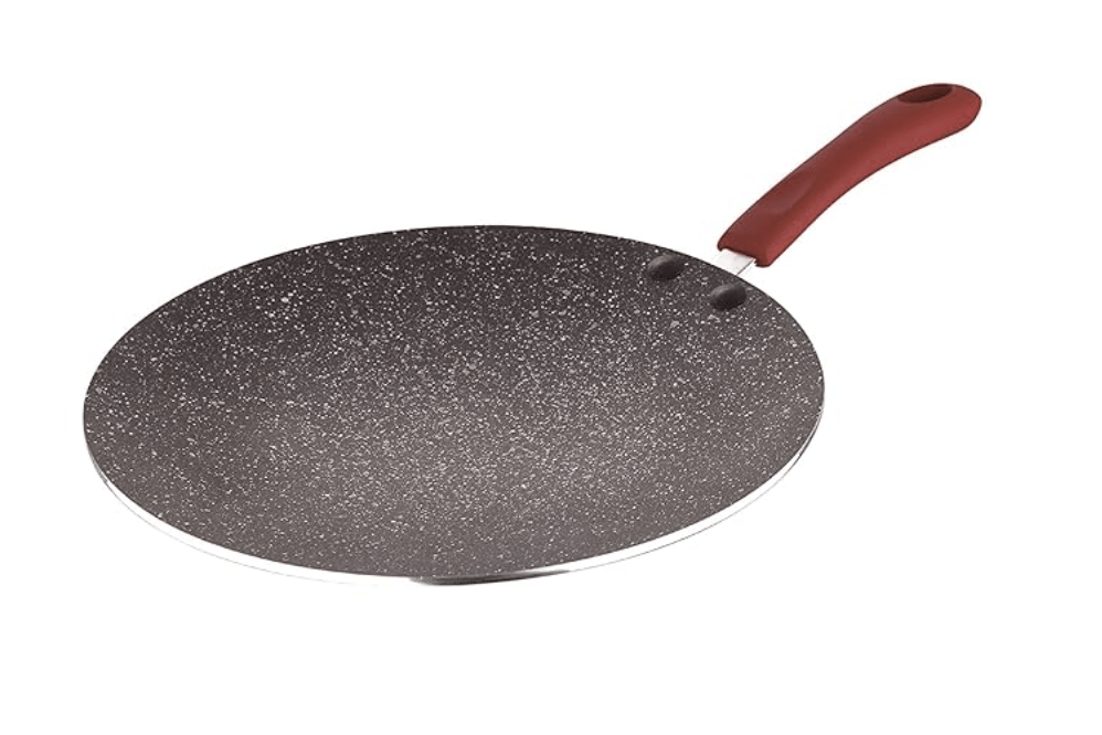 Bergner Bellini Plus 5 Layer Marble Non Stick Concave Tawa/Roti Tawa, 25 cm, Soft Touch Handle, Food Safe (PFOA Free), Thickness 4mm, Red