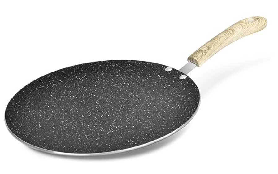 बर्गनर बेलिनी प्लस ऑरा 5-लेयर नॉन-स्टिक 28 सेमी रोटी तवा, सॉफ्ट टच वुडन फ़िनिश हैंडल के साथ अवतल तवा, भोजन सुरक्षित, PFOA मुक्त, टिकाऊ, 4 मिमी मोटाई, इंडक्शन बॉटम, 1 साल की वारंटी, काला 