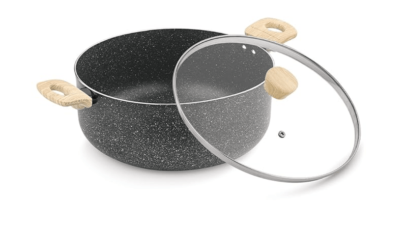 Bergner Earth Black Non-Stick 20cm Casserole with Glass Lid, 3 L Casserole with Wooden Finish Soft Touch Handle, 2.5mm Thickness, Consumes Less Oil, White Marble Splatter, Induction Bottom & Gas Ready-1