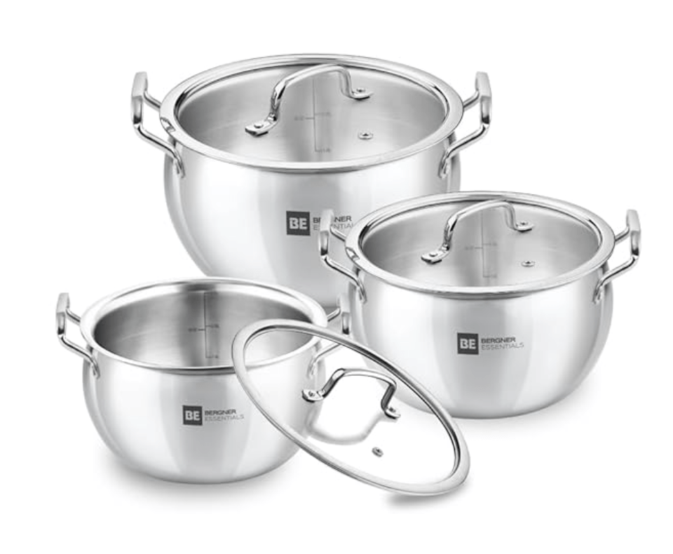 Bergner BE Essentials TriPly Stainless Steel 3 Pcs Rice Handi Set - 16cm / 2L, 18cm / 3.2L, 20cm / 4.2L with 3 Flat Glass Lids, Less Oil Use, Even Heat Distribution, Induction Bottom, Gas Stove Ready