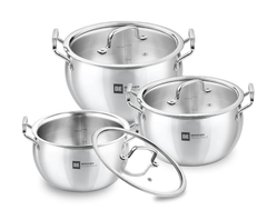 Bergner BE Essentials TriPly Stainless Steel 3 Pcs Rice Handi Set - 16cm / 2L, 18cm / 3.2L, 20cm / 4.2L with 3 Flat Glass Lids, Less Oil Use, Even Heat Distribution, Induction Bottom, Gas Stove Ready-1