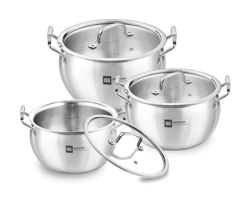 Bergner BE Essentials TriPly Stainless Steel 3 Pcs Rice Handi Set - 16cm / 2L, 18cm / 3.2L, 20cm / 4.2L with 3 Flat Glass Lids, Less Oil Use, Even Heat Distribution, Induction Bottom, Gas Stove Ready-1