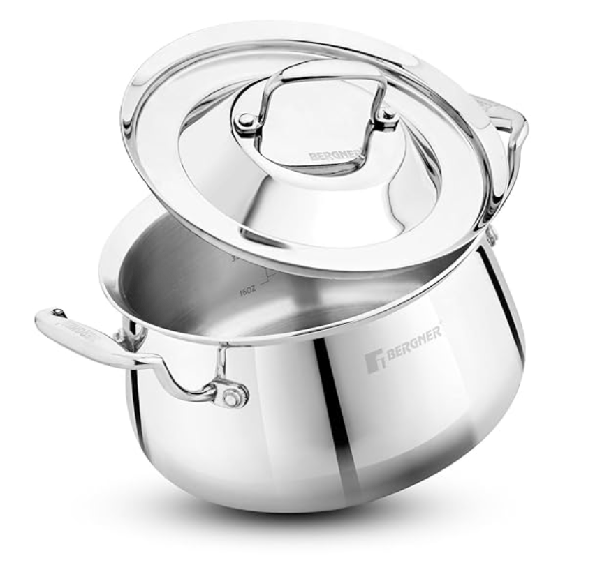 Bergner Argent Samsara Triply Stainless Steel Biryani Handi, Cook and Serve Belly Shape Rice Handi, Consumes Less Oil,