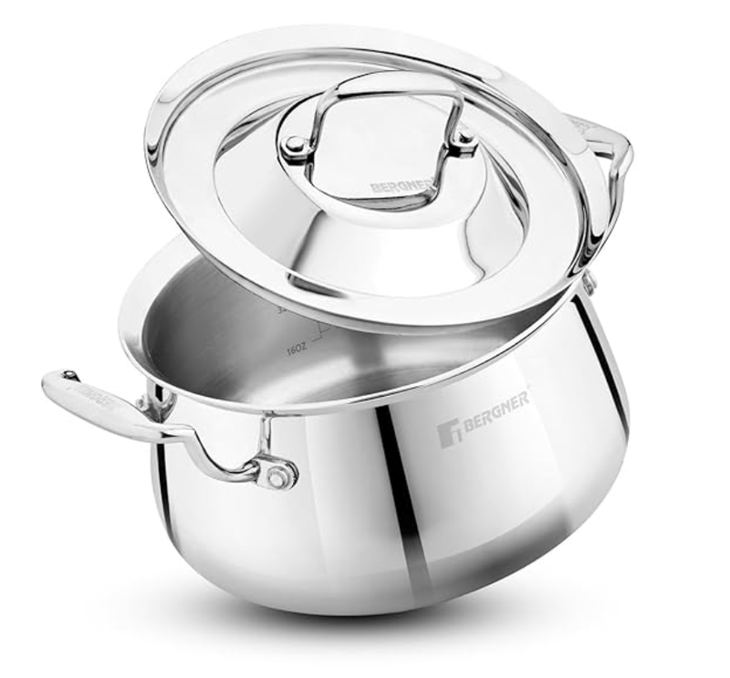 Bergner Argent Samsara Triply Stainless Steel Biryani Handi, Cook and Serve Belly Shape Rice Handi, Consumes Less Oil,-1